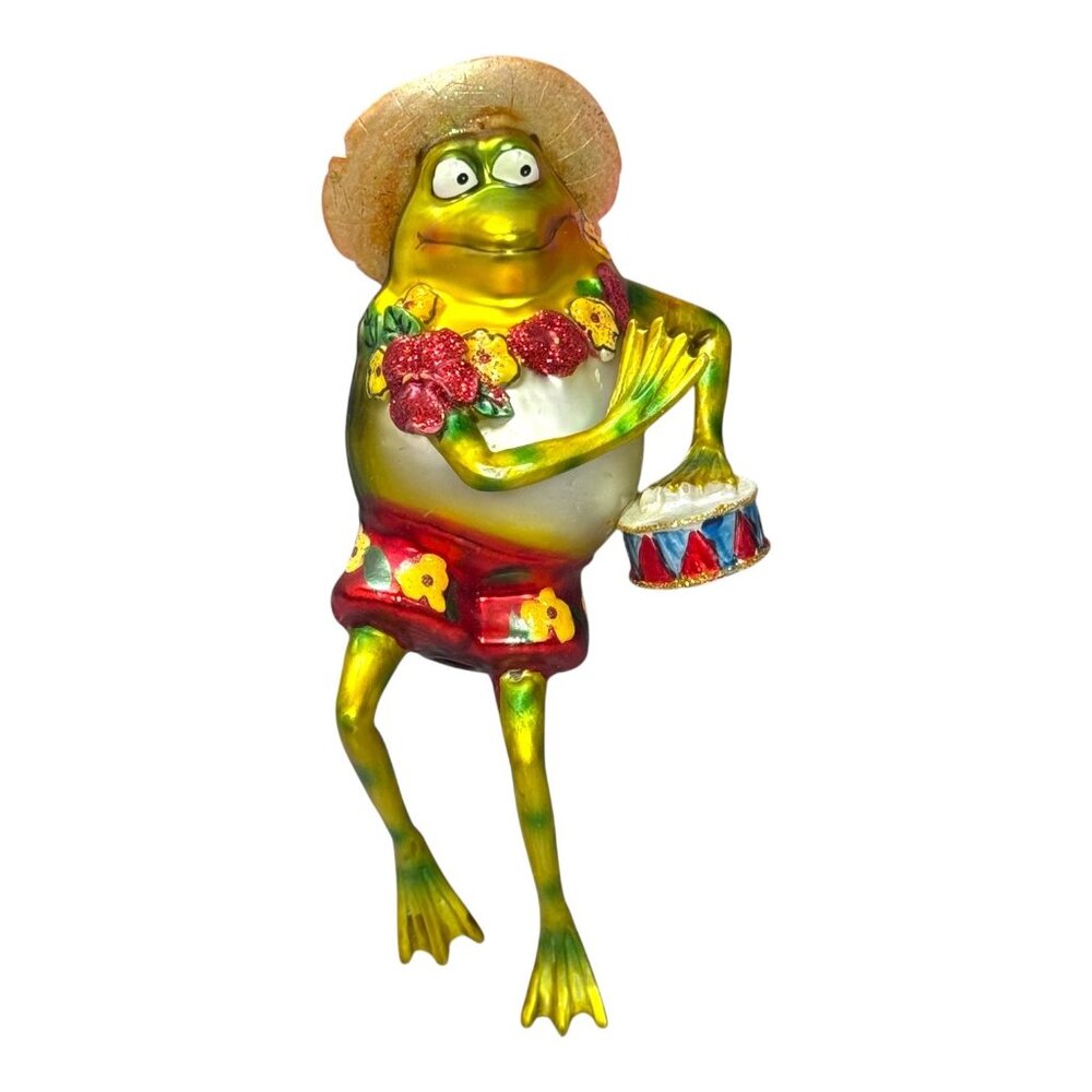 Radko ? Hula Colorful Frog Ornament Lei hawaiian Drum Sun Hat Beach Theme READ